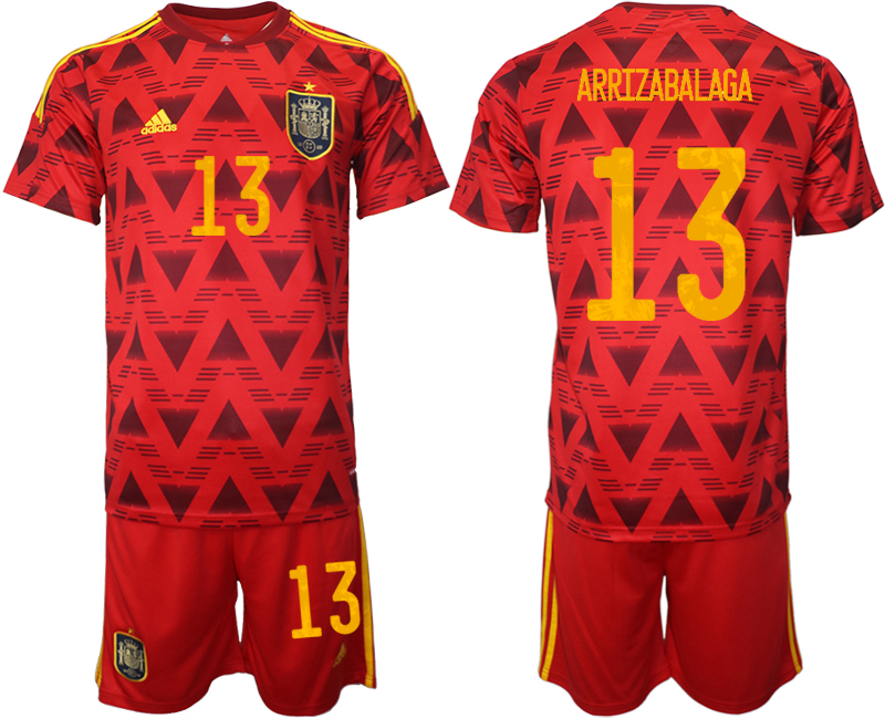 Men's Spain #13 Arrizabalaga Red Home Soccer Jersey Suit